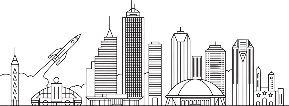 Urban metropolis skyline outline illustration featuring launching space rocket and modern architectural towers