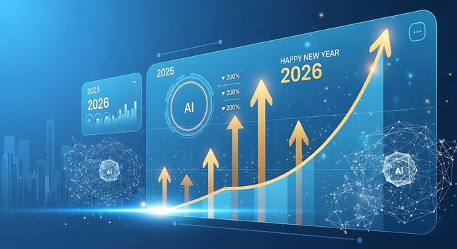 Futuristic digital display shows upward trend graph with arrows and data for 2025 growth