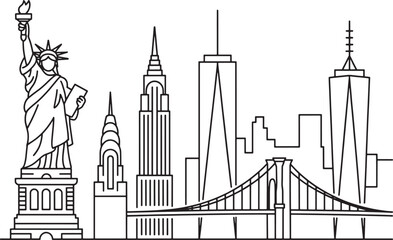 New york city outline vector drawing statue of liberty brooklyn bridge skyscrapers cityscape tourism © pyenga
