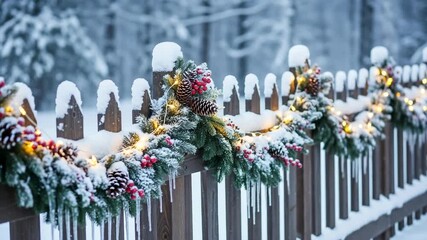 Snow covered wooden fence decorated with Christmas garland pine cones red berries golden lights winter holiday outdoor decoration festive season traditional rustic style
- Powered by Adobe