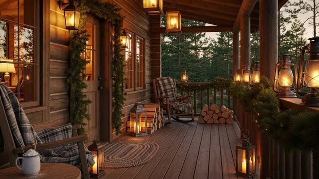 Rustic wooden cabin porch decorated with lanterns garland rocking chairs plaid blankets cozy Christmas winter evening pine forest illuminated warm lighting holiday atmosphere

