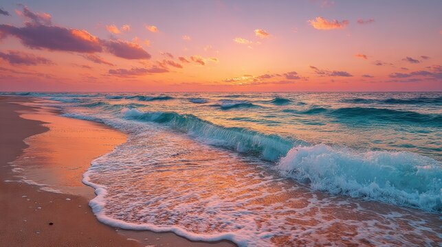 Golden sunset bathes ocean waves at calm beach, peaceful summer scene creates a tranquil tropical vacation mood, relaxing seaside holiday escape