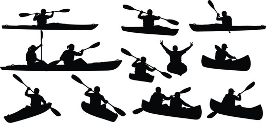 Naklejka premium Canoe and paddle boat water sport adventure silhouette set