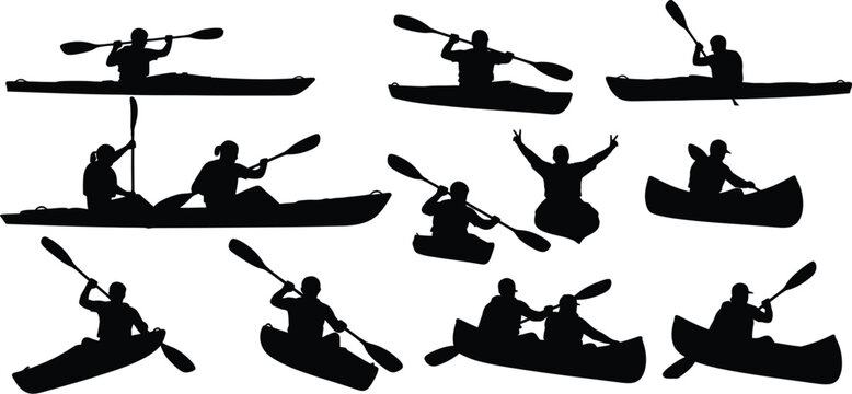 Canoe and paddle boat water sport adventure silhouette set
