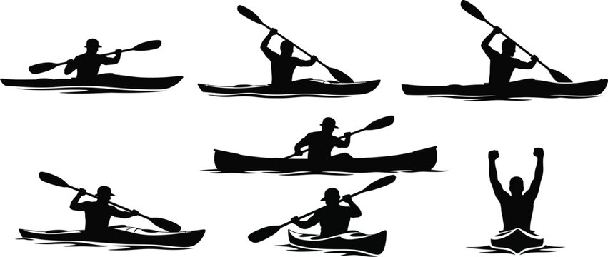 Canoe and paddle boat water sport adventure silhouette set