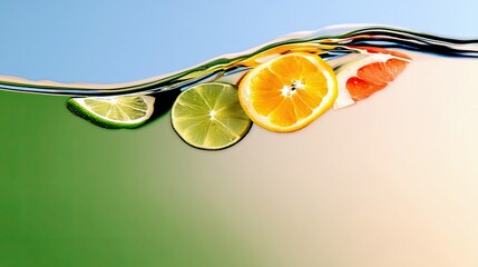 Slices of lime, orange, and grapefruit are submerged in vibrant green liquid under a blue sky.