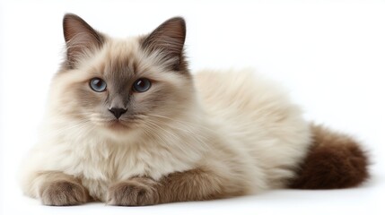 Fluffy cat with blue eyes relaxing on a soft surface in a cozy indoor setting