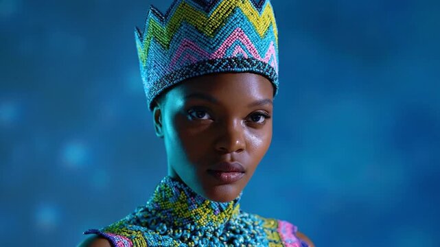 A captivating close-up portrait features a person adorned in an exquisitely crafted, multicolored beaded crown and matching high-neck garment. The intricate patterns and vibrant hues of blue, yellow, 