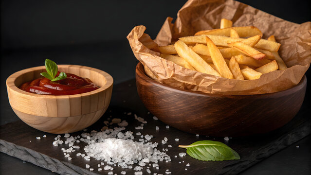 Golden french fries served in a wooden bowl with ketchup, salt, and basil leaves on a black slate board, creating a delicious and visually appealing snack - Powered by Adobe