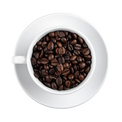 Aromatic Coffee Beans: An overhead view of a pristine white cup brimming with freshly roasted coffee beans. The image evokes the rich aroma and invigorating potential of a perfect brew. 