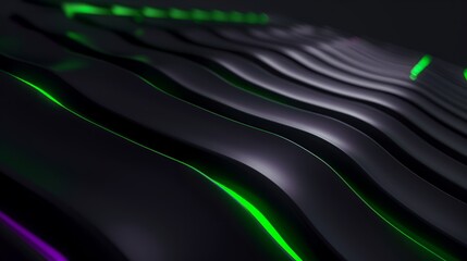 Abstract futuristic background with glowing green lines. Dark wavy surface with neon light accents. Modern technology concept