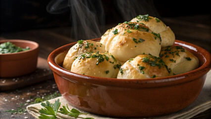 A rustic earthenware bowl overflows with freshly baked garlic knots, their golden crusts glistening and steam rising, sprinkled with vibrant green herbs, a culinary delight