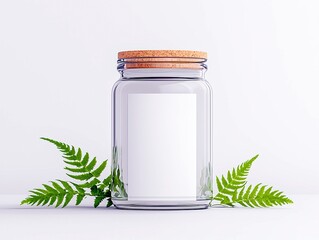 A clear glass jar with a cork lid and a blank white label sits on a white surface, flanked by vibrant green fern leaves.