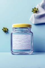 A clear glass jar with a yellow lid and a decorative label sits on a light blue surface, accented by small green plants.