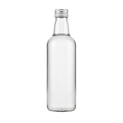 Clear glass water bottle with silver cap on transparent background
