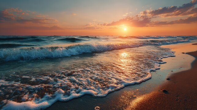 Golden sunset bathes ocean waves at calm beach, peaceful summer scene creates a tranquil tropical vacation mood, relaxing seaside holiday escape - Powered by Adobe