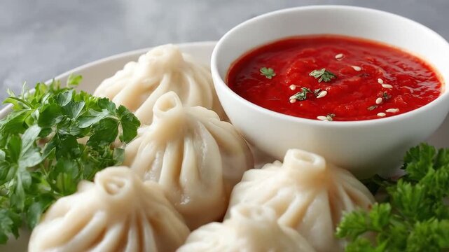 A captivating close-up presents a pristine white plate adorned with several beautifully pleated steamed dumplings, suggesting a delightful and savory culinary experience. Adjacent to the dumplings res