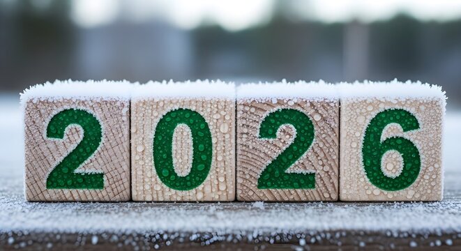 Wooden blocks spelling out the year 2026 with green numbers and snow