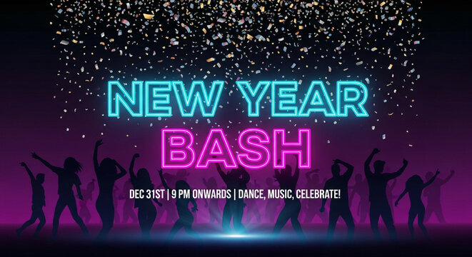 Dynamic New Year's Eve party graphic with neon lights, confetti, and silhouetted dancers celebrating the countdown to midnight!