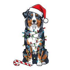 Fototapeta premium Australian shepherd dog wearing a santa hat and tangled in colorful christmas lights