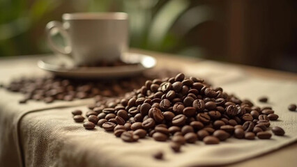 Coffee beans on linen tablecloth. 