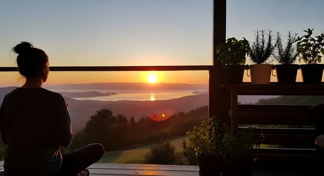 Woman meditating on a porch at sunrise overlooking mountains and a lake with potted plants nearby