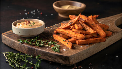 A rustic wooden board showcases a pile of crispy sweet potato fries, accompanied by two bowls of creamy dipping sauce and fresh thyme sprigs on a dark surface