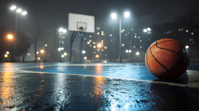 Moody Outdoor Basketball Ball on Wet Court at Night Scene. Ai Generated Images