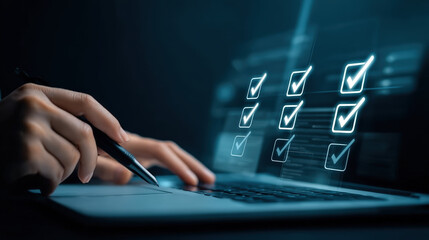 Modern Futuristic Checkmark List on Laptop Screen Showing Digital Checklist. Ai Generated Images