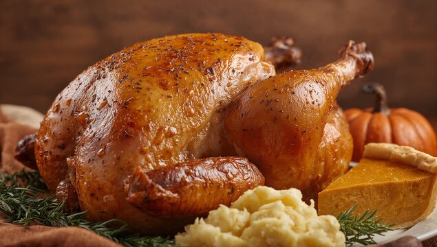 Close-Up of Traditional Thanksgiving Turkey and Side Dishes on Rustic Table	