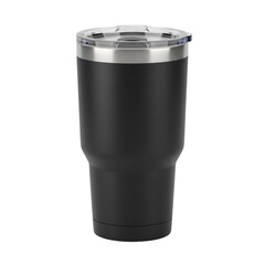 Black insulated travel tumbler with clear lid on transparent background
