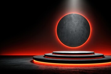 Red light illuminates round podium against black background creating a realistic mock up display space for design stock market