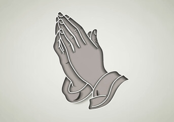Stylized Praying Hands Illustration with Gray Tones and White Outline.