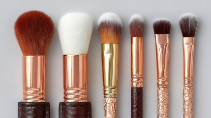 Beauty routine tools arranged in a row, set of makeup brushes with rose gold accents laying flat against a white background, professional application