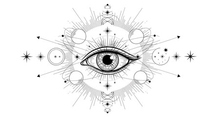Mystical all seeing eye with celestial moon phases and starbursts, a symbol of cosmic awareness and spiritual insight