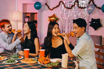 Diversity, dinner and group of people toast celebration together at party. Friends, happy and celebrate with food, wine and friendship for love, support and cheers champagne at business function