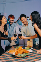 Diversity, dinner and group of people toast celebration together at party. Friends, happy and celebrate with food, wine and friendship for love, support and cheers champagne at business function