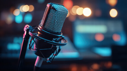 Professional Close-Up Studio Microphone Setup with Bokeh Background Ambiance. Ai Generated Images