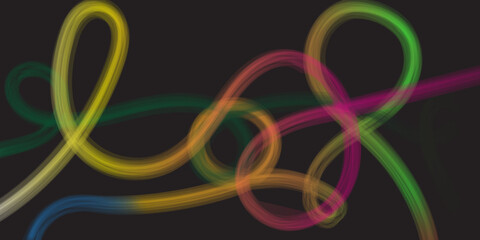An abstract, energetic, luminous composition of multiple intertwining, continuous, thick, translucent brushstroke-like lines, each with a vibrant, smooth color gradient