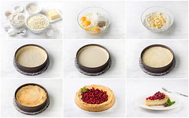 Step-by-step homemade royal cheesecake recipe with cottage cheese, butter, eggs, and flour on white background. Baking process from ingredients to finished dessert