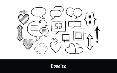 Hand drawn doodle elements including speech bubbles and hearts