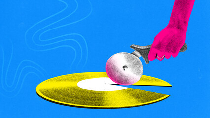 Modern artwork. Vinyl record sliced with cutter in surreal retro photocopy look. Concept of music visuals, editing metaphors, pop-culture branding, editorial design, social media artwork.