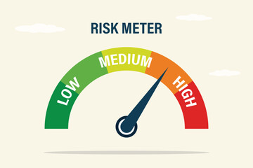 Pointer arrow on risk high meter. Risk management, gauge with arrow. Speedometer is high, medium, low.