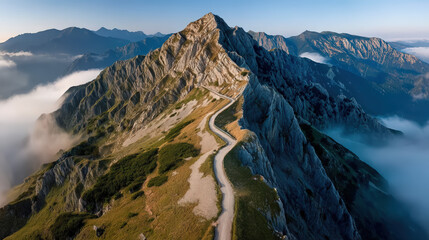 Majestic Aerial View of Mountain Ridge with Winding Road Landscape. Ai Generated Images