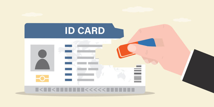 Businessman or politician removed ID card with eraser. Deprivation of citizenship, entry ban, visa cancellation. Person's renunciation of country's citizenship, relocation.