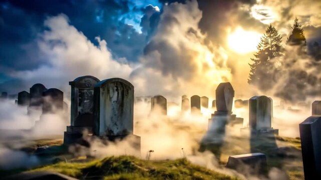 Eerie Graveyard Scene with Dramatic Lighting and Fog.