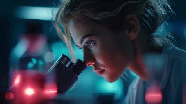 Scientific Investigation: An inquisitive scientist, immersed in exploration, peers intently into a microscope. Surrounded by the advanced scientific equipment, the scene exudes an air of knowledge.