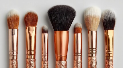 Beauty routine tools arranged in a row, set of makeup brushes with rose gold accents laying flat against a white background, professional application