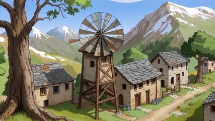 Charming Village with Windmill and Mountain Backdrop in a Serene Landscape. - Powered by Adobe