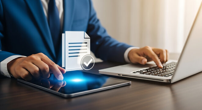 Businessman working on tablet with document and checkmark icon, using laptop on a wooden desk